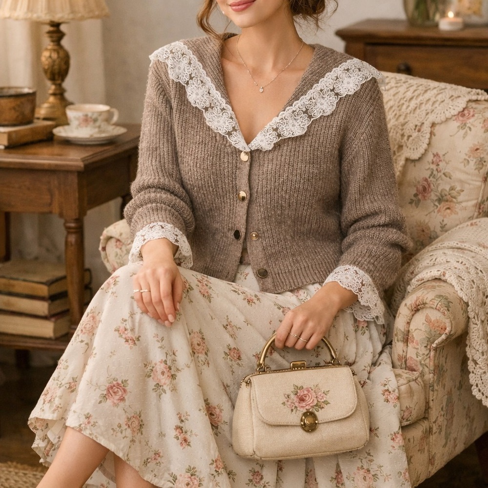 Taupe Lace Trim Knit Cardigan Medium Cozy Cottagecore Granny Core Sweater